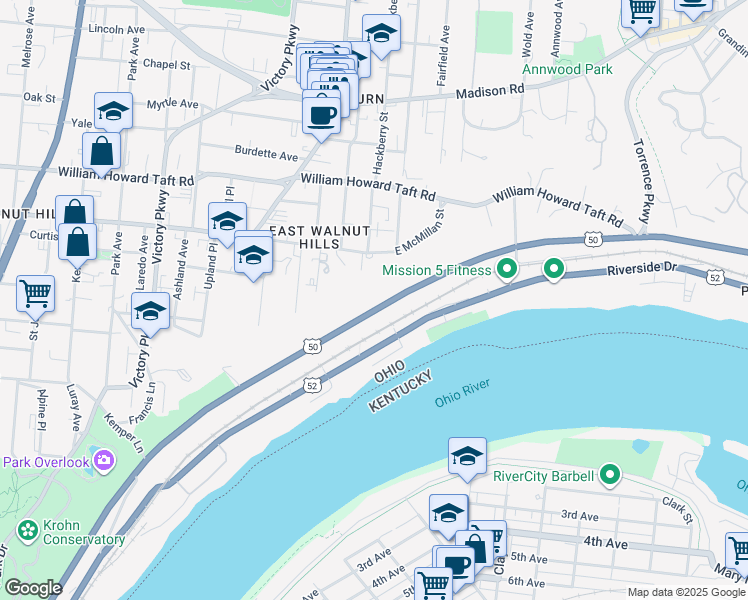map of restaurants, bars, coffee shops, grocery stores, and more near 2110 Columbia Parkway in Cincinnati