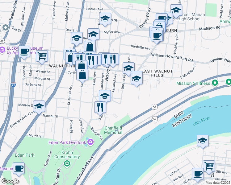 map of restaurants, bars, coffee shops, grocery stores, and more near 2315 Upland Place in Cincinnati