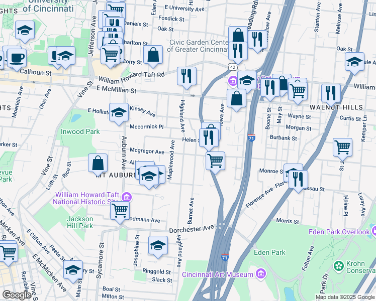 map of restaurants, bars, coffee shops, grocery stores, and more near 322 Mcgregor Avenue in Cincinnati