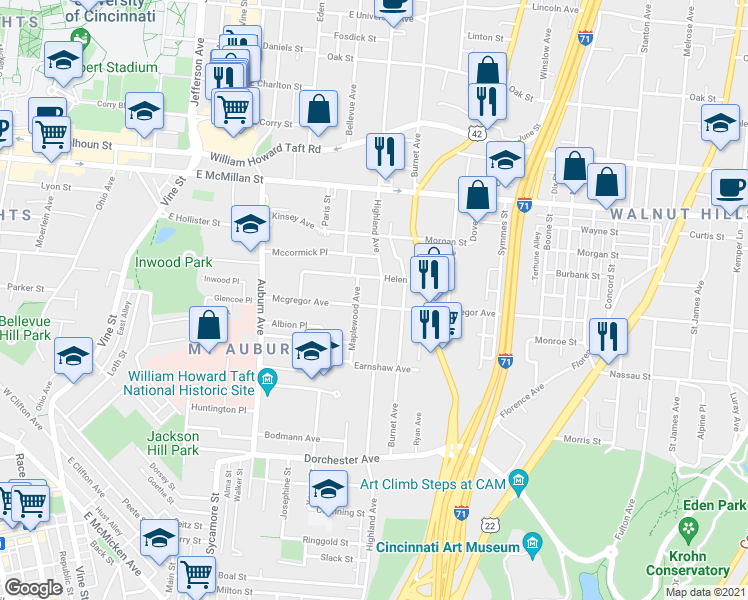 map of restaurants, bars, coffee shops, grocery stores, and more near 292 Mcgregor Avenue in Cincinnati