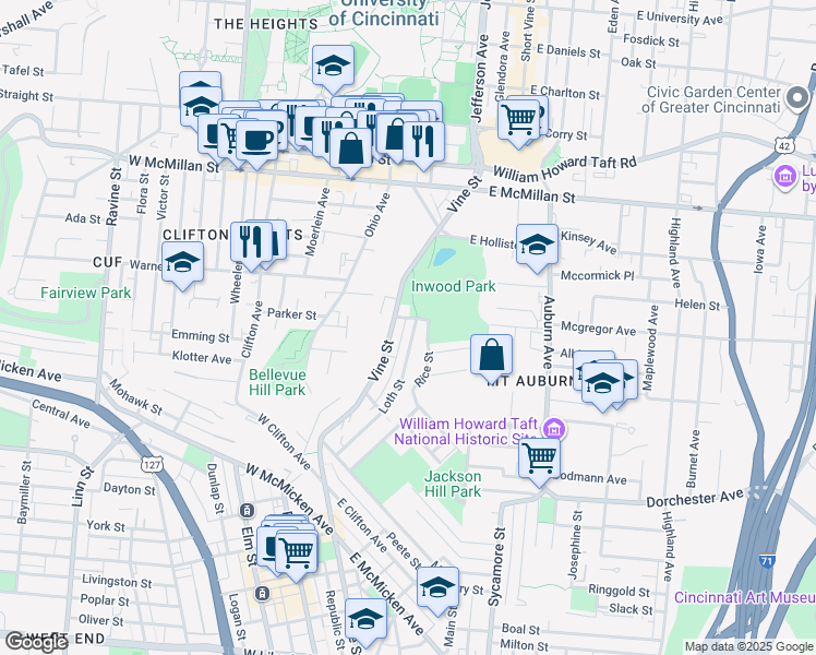 map of restaurants, bars, coffee shops, grocery stores, and more near 2266 Vine Street in Cincinnati