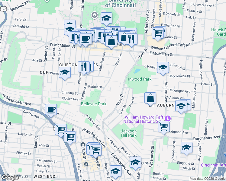 map of restaurants, bars, coffee shops, grocery stores, and more near 2218 Eureka Terrace in Cincinnati