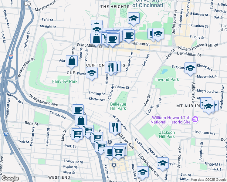 map of restaurants, bars, coffee shops, grocery stores, and more near in Cincinnati
