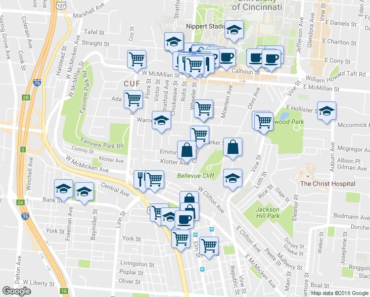 map of restaurants, bars, coffee shops, grocery stores, and more near in Cincinnati