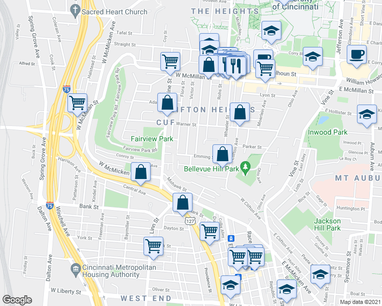 map of restaurants, bars, coffee shops, grocery stores, and more near 276 Emming Street in Cincinnati