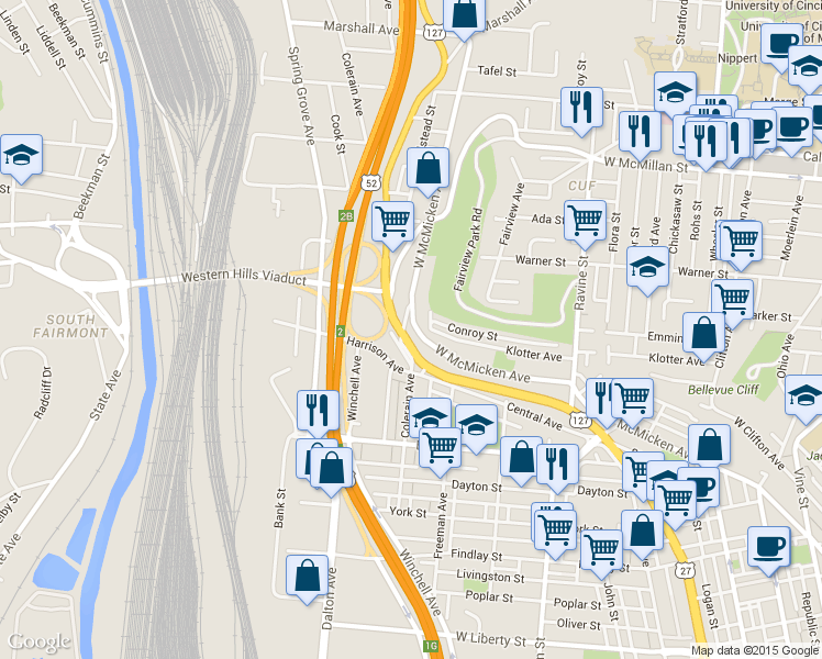 map of restaurants, bars, coffee shops, grocery stores, and more near 649 West McMicken Avenue in Cincinnati