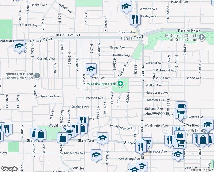 map of restaurants, bars, coffee shops, grocery stores, and more near 1713 North 23 Street in Kansas City