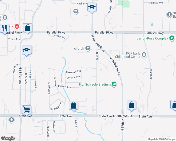 map of restaurants, bars, coffee shops, grocery stores, and more near 1609 North 59 Place in Kansas City