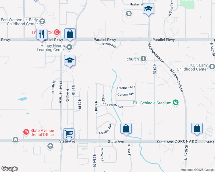 map of restaurants, bars, coffee shops, grocery stores, and more near 6171 Freeman Avenue in Kansas City