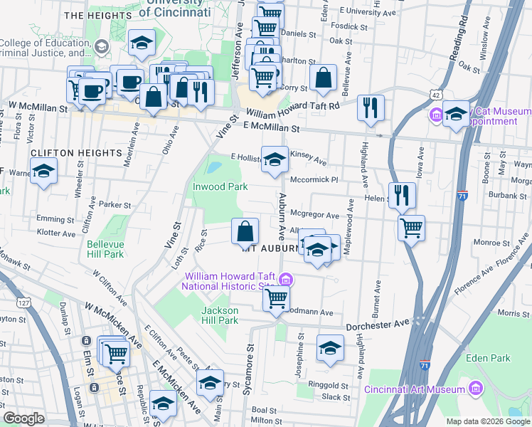 map of restaurants, bars, coffee shops, grocery stores, and more near View Court in Cincinnati