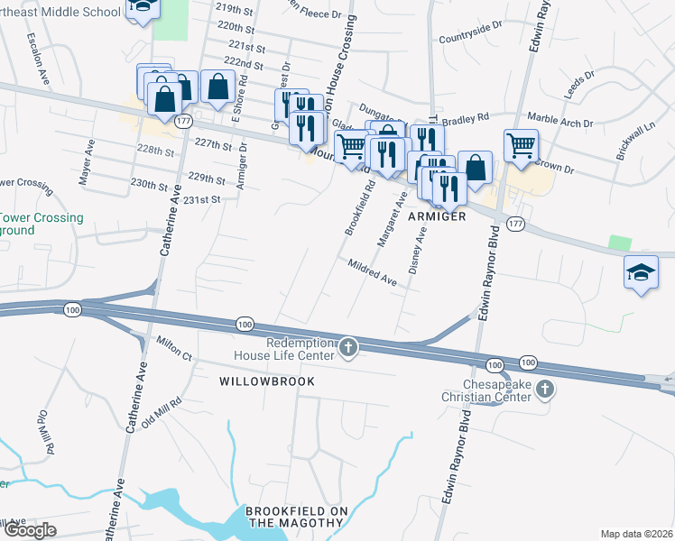 map of restaurants, bars, coffee shops, grocery stores, and more near 27 Brookfield Road in Pasadena