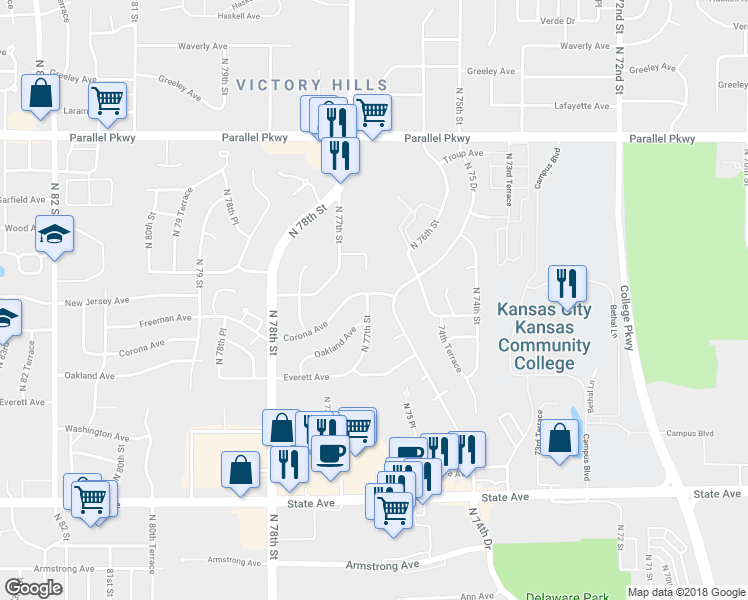 map of restaurants, bars, coffee shops, grocery stores, and more near 1511 North 77th Street in Kansas City