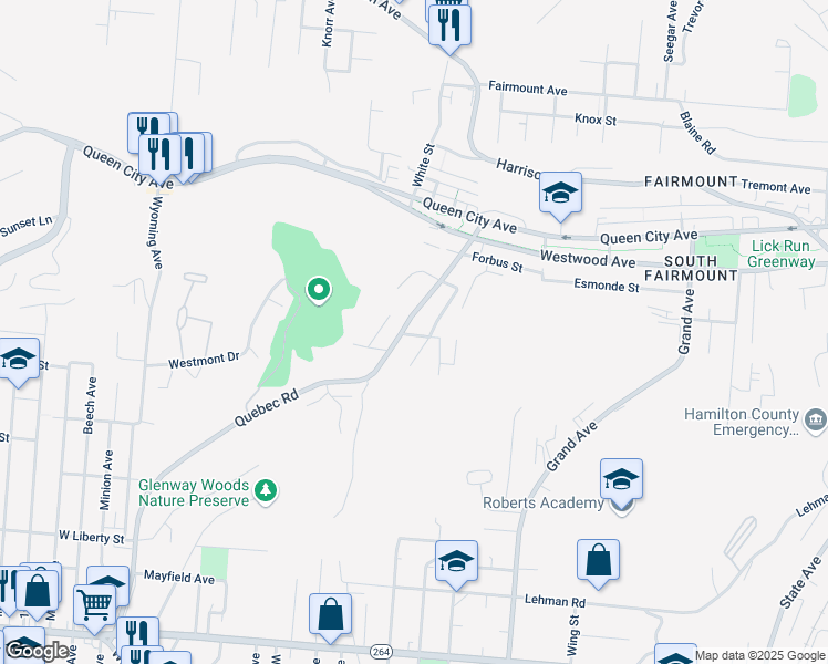 map of restaurants, bars, coffee shops, grocery stores, and more near 2250 Quebec Road in Cincinnati