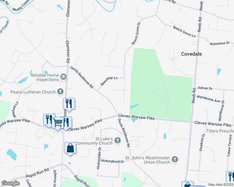 map of restaurants, bars, coffee shops, grocery stores, and more near 5941 Beechollow Court in Cincinnati