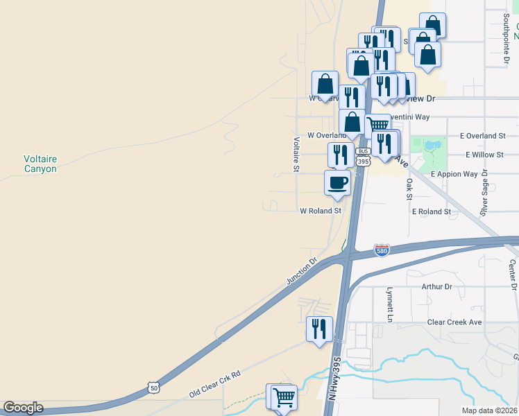 map of restaurants, bars, coffee shops, grocery stores, and more near 640 West Roland Street in Carson City