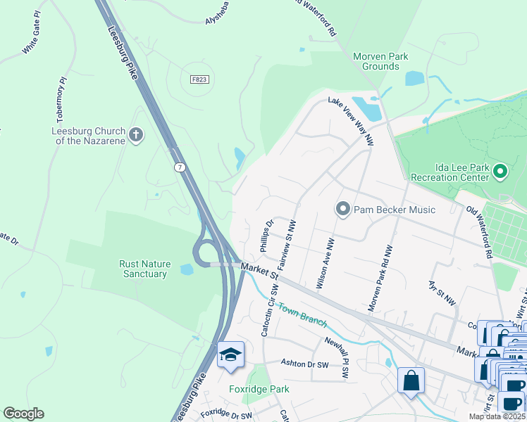 map of restaurants, bars, coffee shops, grocery stores, and more near 114 Rosebrook Court Northwest in Leesburg