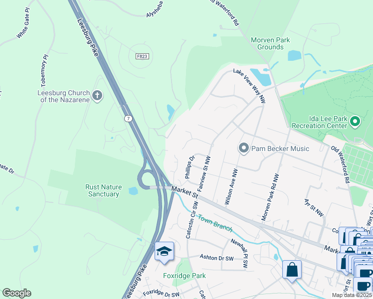 map of restaurants, bars, coffee shops, grocery stores, and more near 114 Rosebrook Court Northwest in Leesburg
