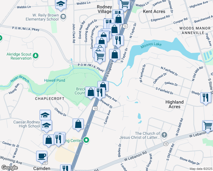 map of restaurants, bars, coffee shops, grocery stores, and more near 2015 South Dupont Highway in Dover