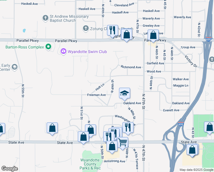 map of restaurants, bars, coffee shops, grocery stores, and more near 1657 Holt Lane in Kansas City
