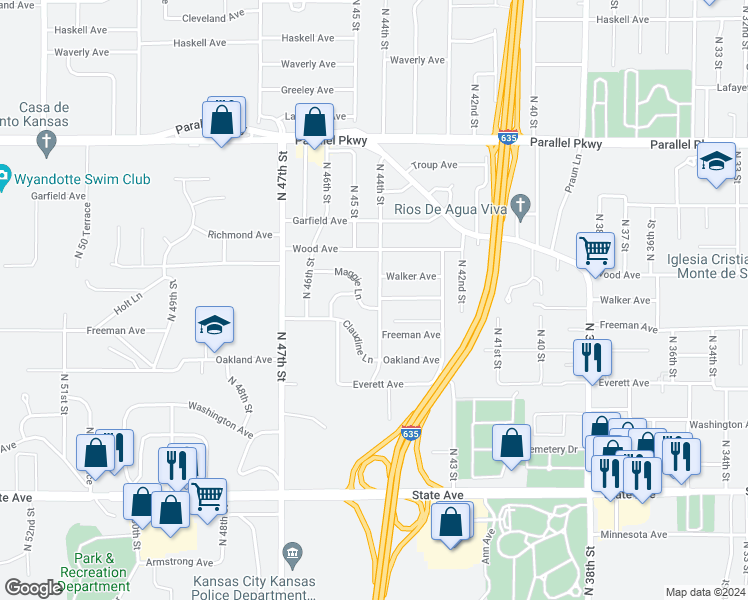 map of restaurants, bars, coffee shops, grocery stores, and more near 1630 North 44th Street in Kansas City