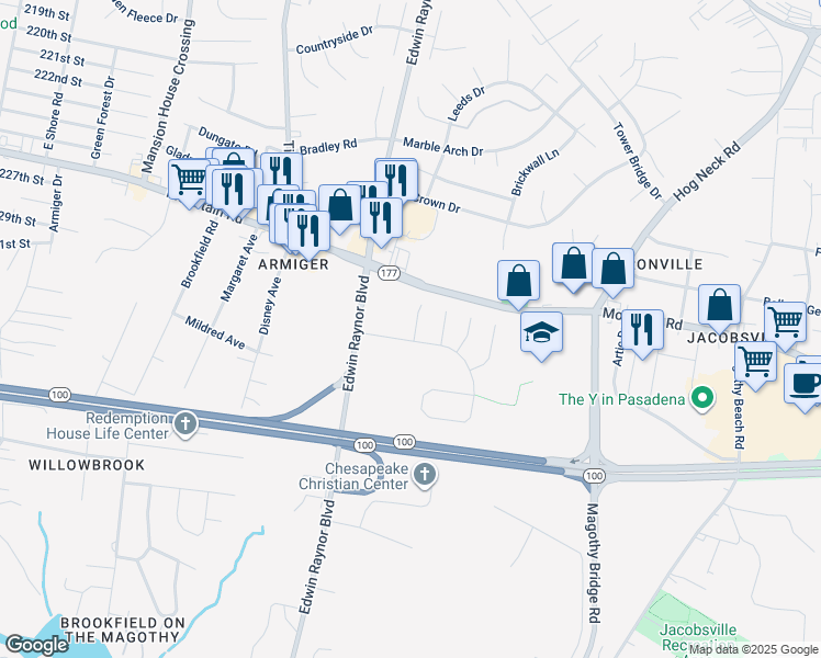 map of restaurants, bars, coffee shops, grocery stores, and more near 8218 Bambridge Court in Pasadena