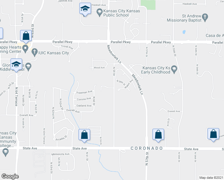 map of restaurants, bars, coffee shops, grocery stores, and more near 5901 Freeman Avenue in Kansas City