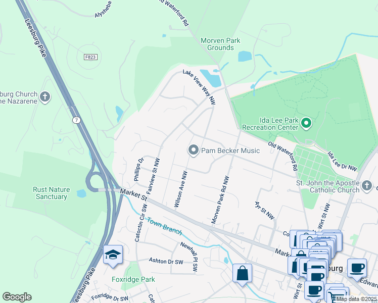 map of restaurants, bars, coffee shops, grocery stores, and more near 107 Exmoor Ct NW in Leesburg