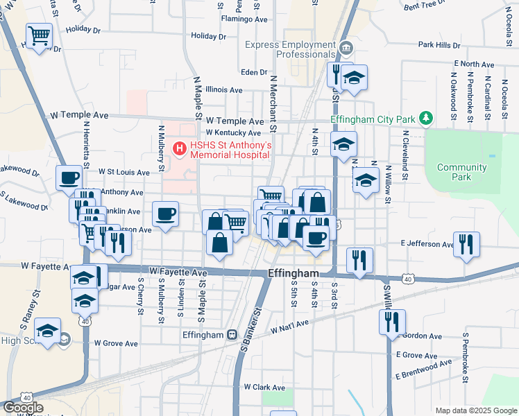 map of restaurants, bars, coffee shops, grocery stores, and more near 201 North Merchant Street in Effingham