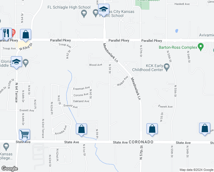 map of restaurants, bars, coffee shops, grocery stores, and more near 5903 Freeman Avenue in Kansas City