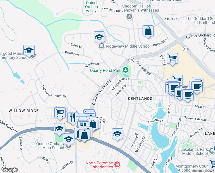 map of restaurants, bars, coffee shops, grocery stores, and more near 305 Ridgepoint Place in Gaithersburg