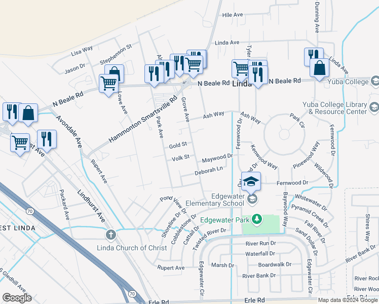 map of restaurants, bars, coffee shops, grocery stores, and more near 1643 Volk Street in Marysville
