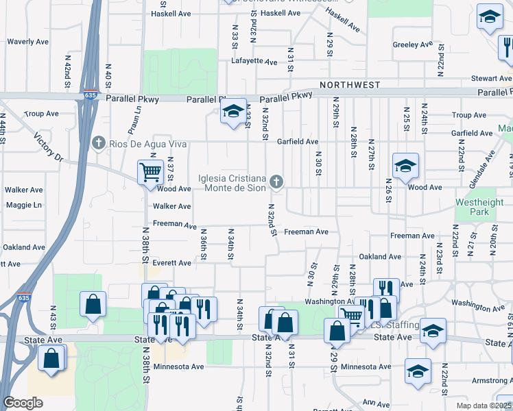 map of restaurants, bars, coffee shops, grocery stores, and more near 3303 Wood Avenue in Kansas City