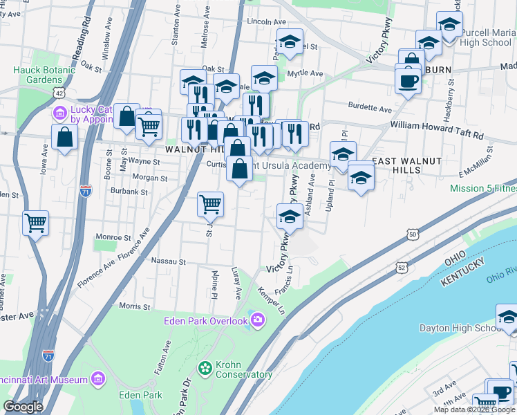 map of restaurants, bars, coffee shops, grocery stores, and more near 2330 Kemper Lane in Cincinnati
