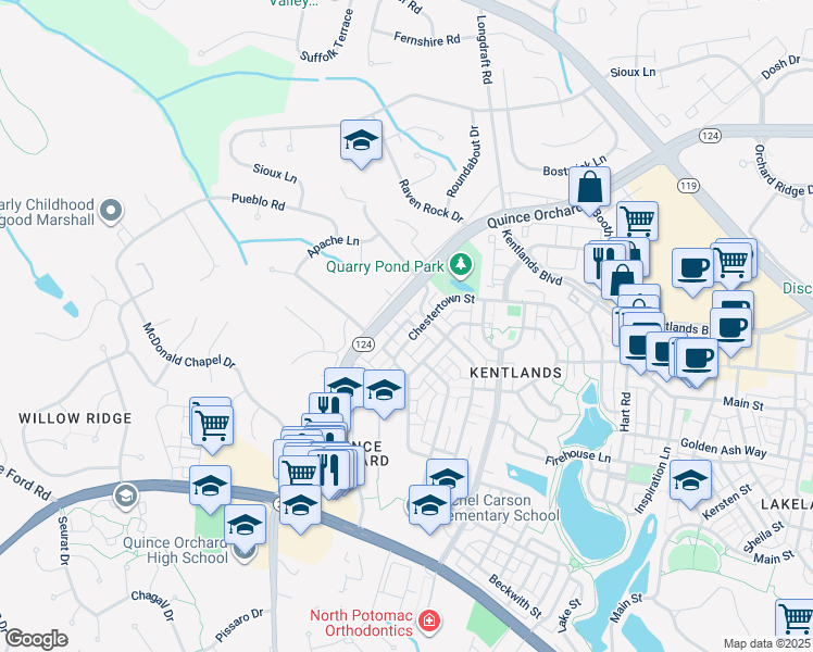 map of restaurants, bars, coffee shops, grocery stores, and more near 415 Ridgepoint Place in Gaithersburg