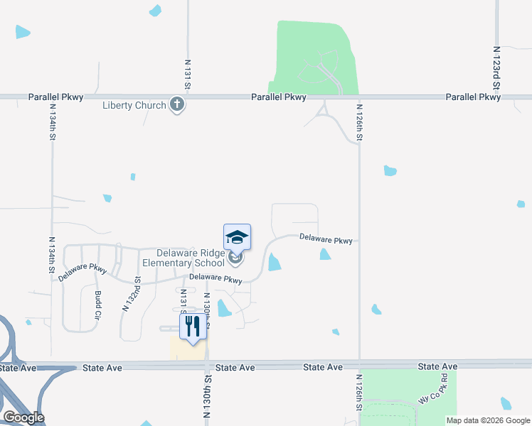map of restaurants, bars, coffee shops, grocery stores, and more near 1638 North 128th Street in Kansas City