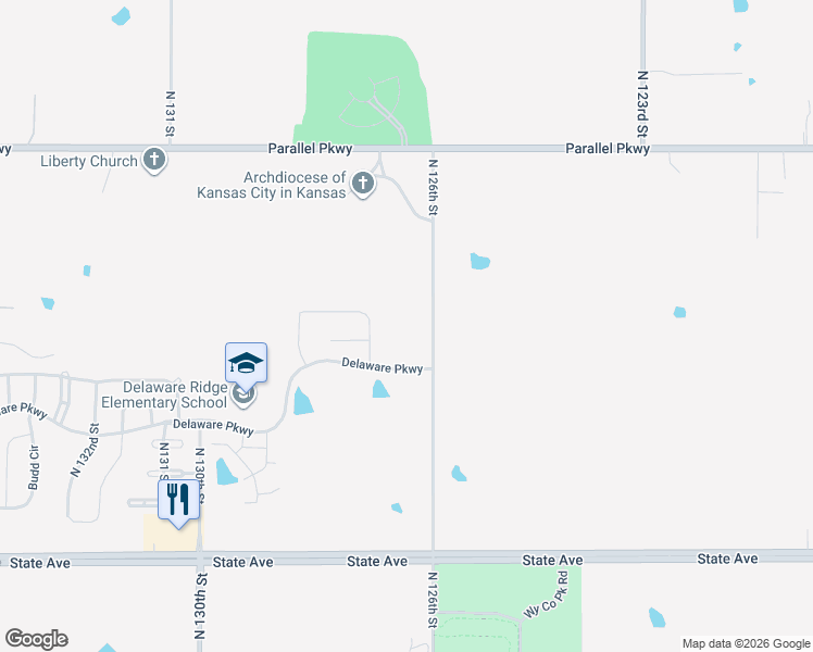 map of restaurants, bars, coffee shops, grocery stores, and more near 1700 North 126th Street in Kansas City