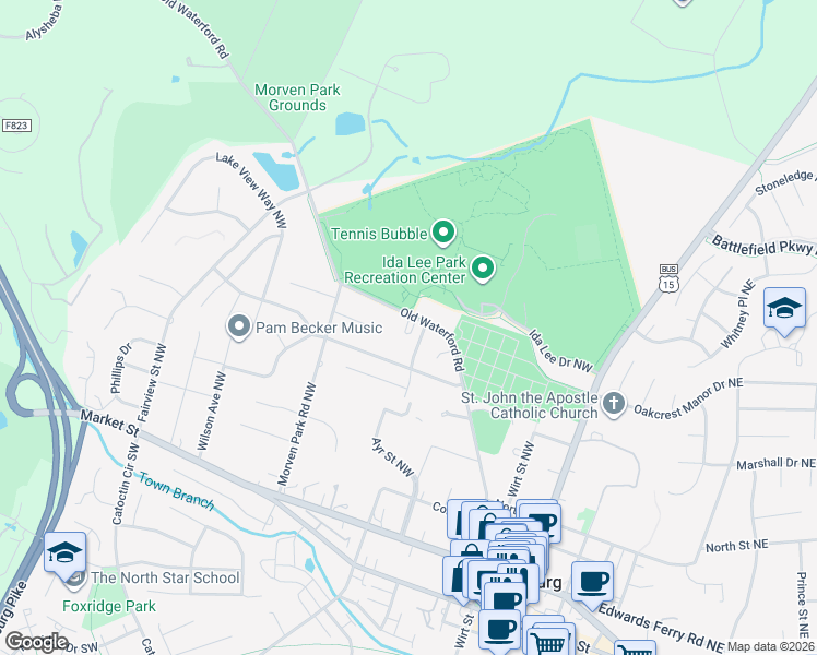 map of restaurants, bars, coffee shops, grocery stores, and more near 401 Old Waterford Road Northwest in Leesburg