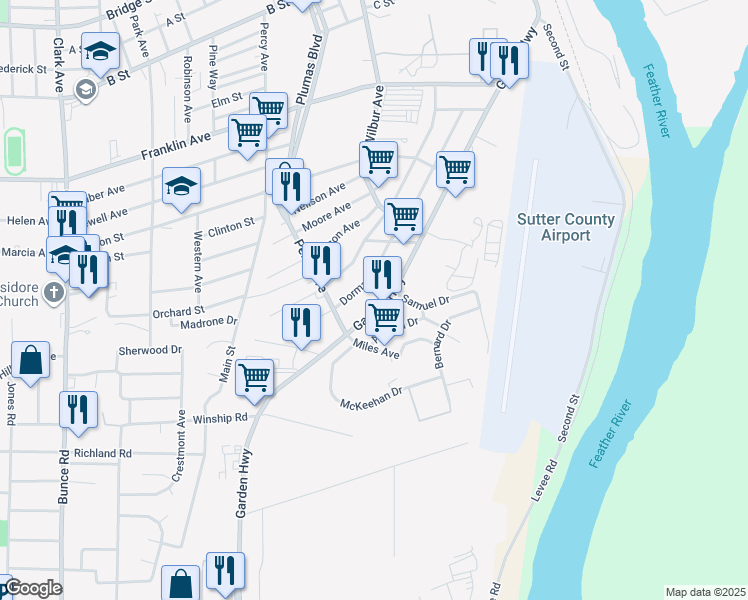 map of restaurants, bars, coffee shops, grocery stores, and more near 370 Garden Highway in Yuba City