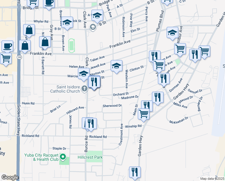 map of restaurants, bars, coffee shops, grocery stores, and more near 57 Park Avenue in Yuba City