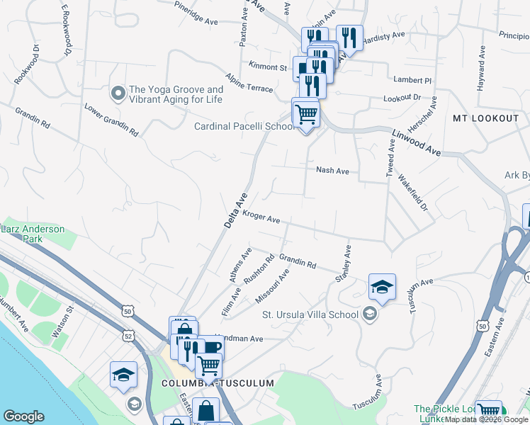 map of restaurants, bars, coffee shops, grocery stores, and more near 3530 Kroger Avenue in Cincinnati