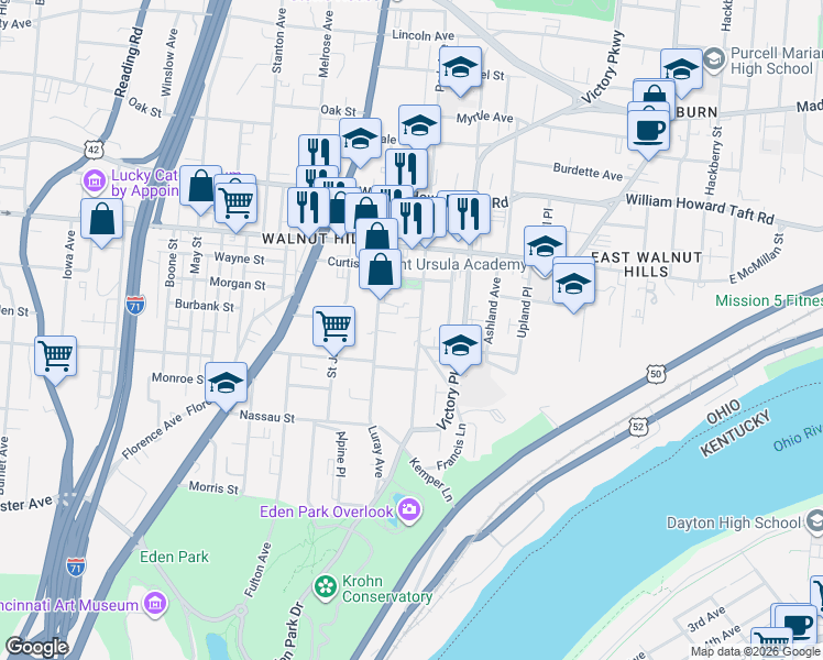 map of restaurants, bars, coffee shops, grocery stores, and more near 2330 Kemper Lane in Cincinnati