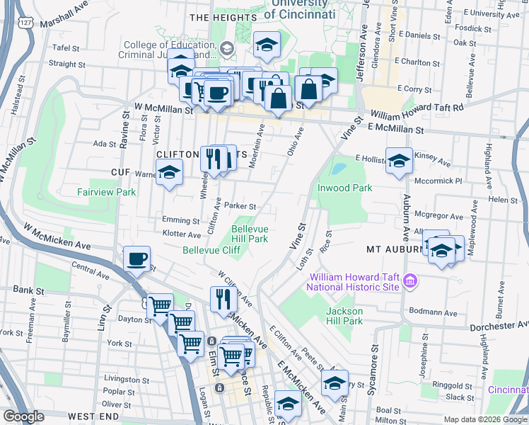 map of restaurants, bars, coffee shops, grocery stores, and more near 2210 Ohio Avenue in Cincinnati