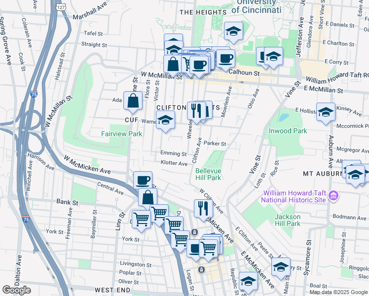 map of restaurants, bars, coffee shops, grocery stores, and more near in Cincinnati
