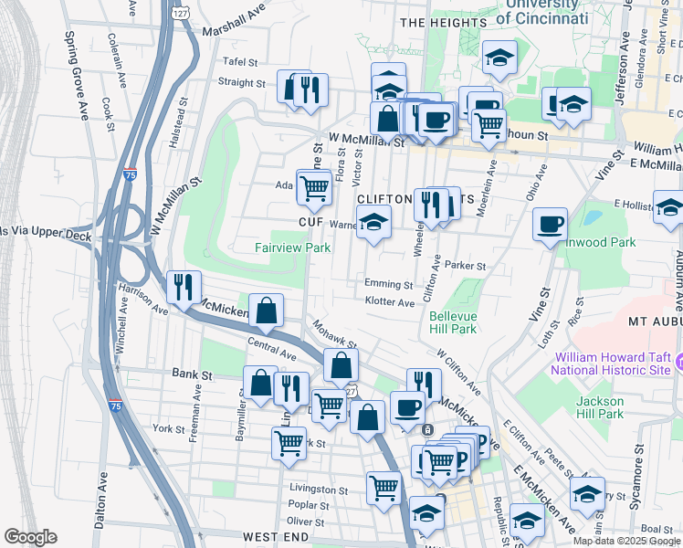 map of restaurants, bars, coffee shops, grocery stores, and more near 325 Emming Street in Cincinnati