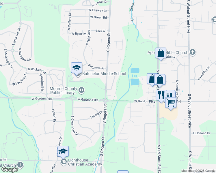 map of restaurants, bars, coffee shops, grocery stores, and more near 3649 South Rogers Street in Bloomington