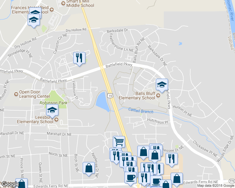 map of restaurants, bars, coffee shops, grocery stores, and more near 1209 Musket Court Northeast in Leesburg