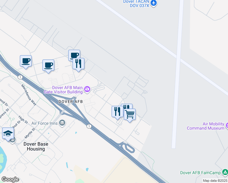 map of restaurants, bars, coffee shops, grocery stores, and more near Eagle Way in Dover