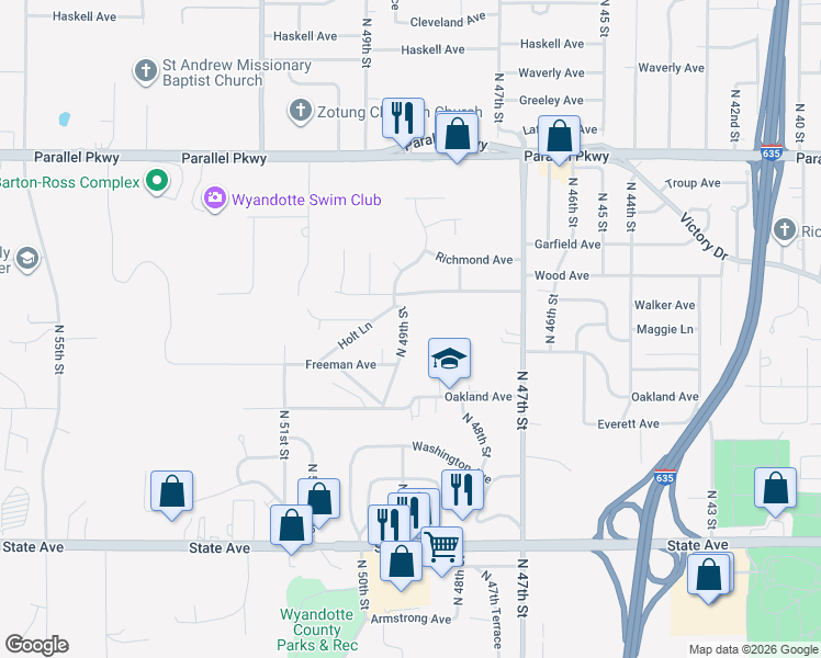 map of restaurants, bars, coffee shops, grocery stores, and more near 1629 North 49th Street in Kansas City