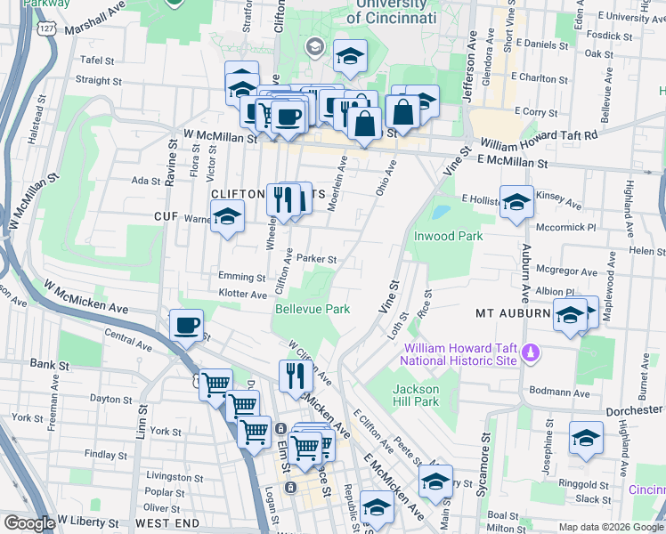 map of restaurants, bars, coffee shops, grocery stores, and more near 2215 Ohio Avenue in Cincinnati