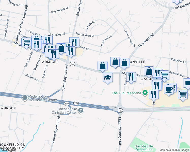 map of restaurants, bars, coffee shops, grocery stores, and more near 8204 Elkwood Court in Pasadena